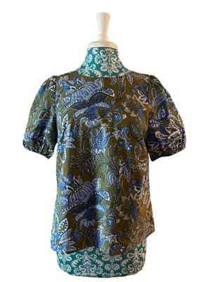Size MP Talbots Cotton Top Floral Puff Sleeves Babydoll Green Blue Bow Summer - Thumbnail 7