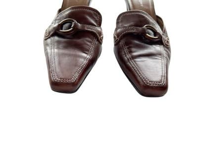 Y2K AIGNER Brown Leather Mules Shoes Kitten Heel Square Toe Old Money 7.5 - Thumbnail 3