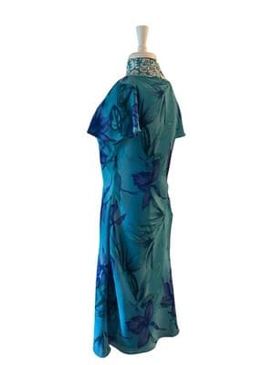 Vtg Y2K Blue Floral Fairycore Flutter Sleeve Dress Draped Neck Romantic Spring - Thumbnail 6