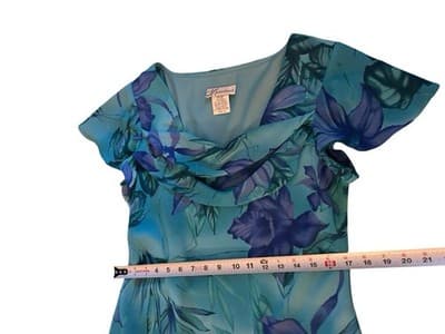 Vtg Y2K Blue Floral Fairycore Flutter Sleeve Dress Draped Neck Romantic Spring - Thumbnail 4