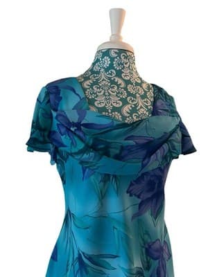 Vtg Y2K Blue Floral Fairycore Flutter Sleeve Dress Draped Neck Romantic Spring - Thumbnail 10