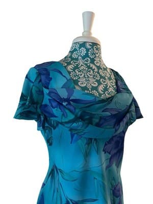 Vtg Y2K Blue Floral Fairycore Flutter Sleeve Dress Draped Neck Romantic Spring - Thumbnail 7