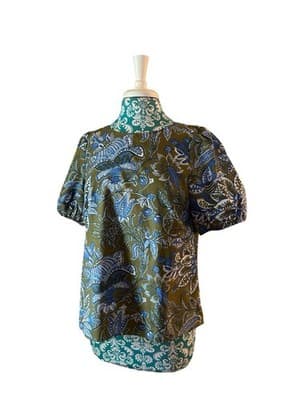 Size MP Talbots Cotton Top Floral Puff Sleeves Babydoll Green Blue Bow Summer - Thumbnail 3