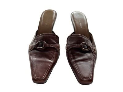 Y2K AIGNER Brown Leather Mules Shoes Kitten Heel Square Toe Old Money 7.5 - Thumbnail 4