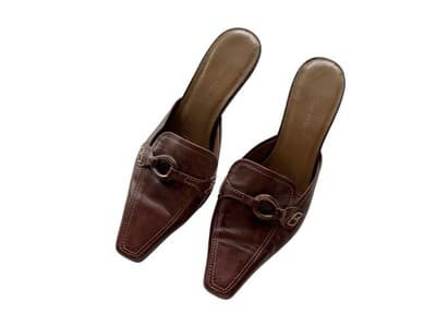 Y2K AIGNER Brown Leather Mules Shoes Kitten Heel Square Toe Old Money 7.5 - Thumbnail 5