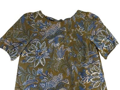 Size MP Talbots Cotton Top Floral Puff Sleeves Babydoll Green Blue Bow Summer - Thumbnail 8