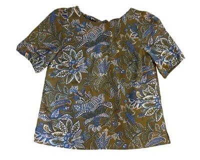 Size MP Talbots Cotton Top Floral Puff Sleeves Babydoll Green Blue Bow Summer - Thumbnail 9