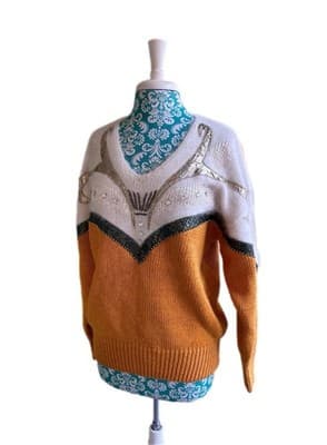 Vintage 1980’s Sweater Cotton Angora NEW WAVE Retro Slouch Mob Wife Rhinestone - Thumbnail 3