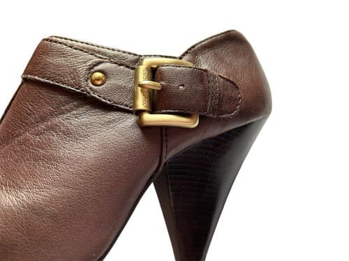 Michael Kors Logo Brown Fall Winter Leather Boho Wood Heel Boot Shoes 7.5 Ankle