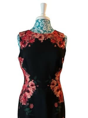 Size 12 Maggie London Black Pink Floral Fitted Hourglass Dress Teal Red Spring - Thumbnail 2