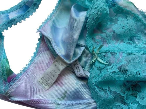Vintage Pink And Aqua Floral Camisole Wide Scalloped Sheer Lace Shiny Lingerie M - Thumbnail 7