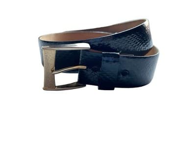 Sz M Vintage 1990’s Black Textured Snakeskin Belt Square Gold Buckle Old Money - Thumbnail 2