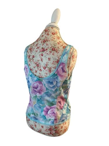 Vintage Pink And Aqua Floral Camisole Wide Scalloped Sheer Lace Shiny Lingerie M - Thumbnail 5