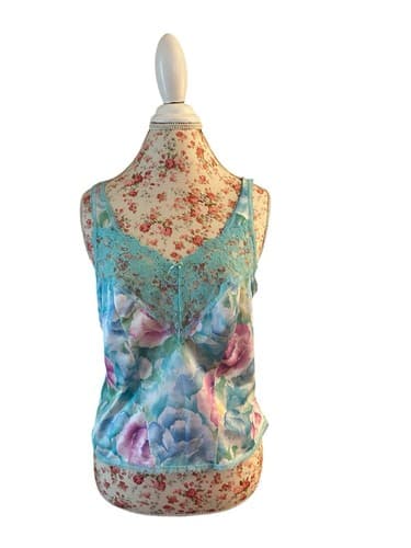 Vintage Pink And Aqua Floral Camisole Wide Scalloped Sheer Lace Shiny Lingerie M - Thumbnail 2