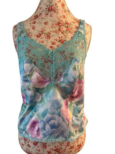 Vintage Pink And Aqua Floral Camisole Wide Scalloped Sheer Lace Shiny Lingerie M - Thumbnail 4