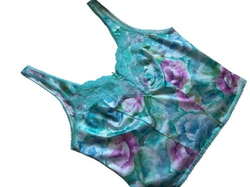 Vintage Pink And Aqua Floral Camisole Wide Scalloped Sheer Lace Shiny Lingerie M