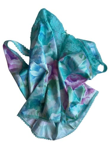 Vintage Pink And Aqua Floral Camisole Wide Scalloped Sheer Lace Shiny Lingerie M - Thumbnail 6