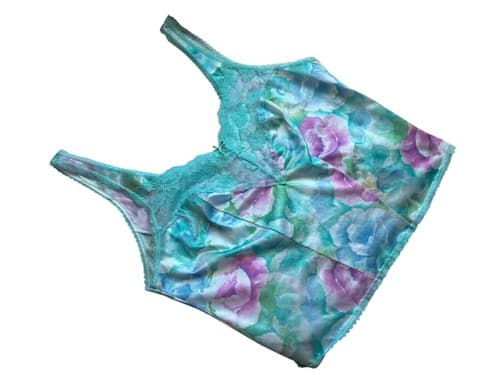 Vintage Pink And Aqua Floral Camisole Wide Scalloped Sheer Lace Shiny Lingerie M - Thumbnail 3