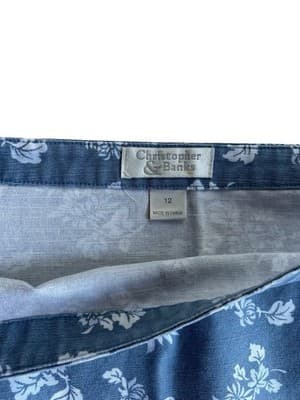 Size 12 Christopher & Banks Blue And White Floral Cotton Skirt A-Line Side Split - Thumbnail 9