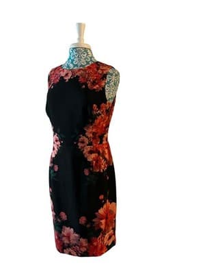 Size 12 Maggie London Black Pink Floral Fitted Hourglass Dress Teal Red Spring - Thumbnail 5