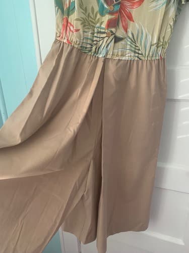 Vintage 1980’s Dress Tropical Safari Culottes Skirt Pants Khaki Leaf Puff Sleeve - Thumbnail 3