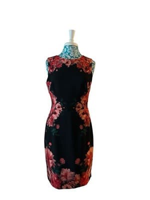 Size 12 Maggie London Black Pink Floral Fitted Hourglass Dress Teal Red Spring - Thumbnail 4