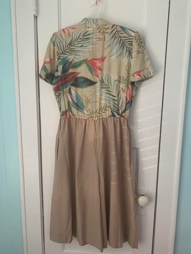 Vintage 1980’s Dress Tropical Safari Culottes Skirt Pants Khaki Leaf Puff Sleeve - Thumbnail 2