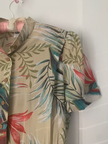 Vintage 1980’s Dress Tropical Safari Culottes Skirt Pants Khaki Leaf Puff Sleeve - Thumbnail 5
