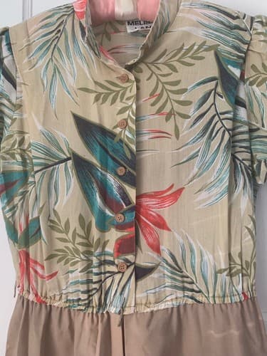 Vintage 1980’s Dress Tropical Safari Culottes Skirt Pants Khaki Leaf Puff Sleeve - Thumbnail 4