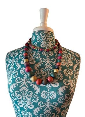 Vintage 1980’s Set Of 2 Wood Bead Necklaces Retro Rockabilly Jewelry Pink Yellow