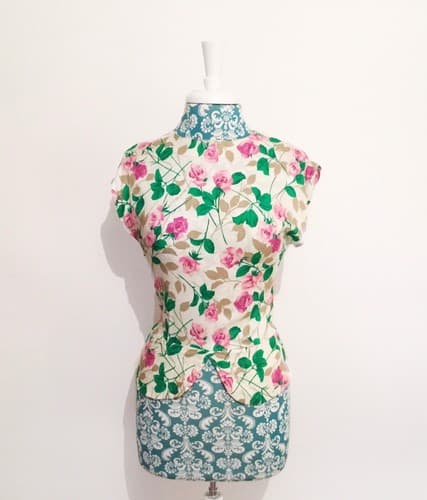 Vintage 1990's Aqua Pink Floral Roses Peplum Top Blouse Rosettes Pinup Romance