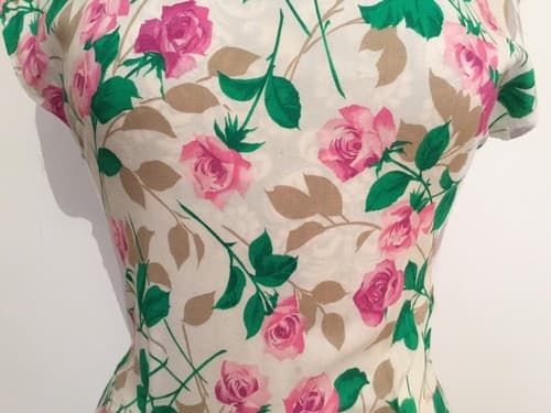 Vintage 1990's Aqua Pink Floral Roses Peplum Top Blouse Rosettes Pinup Romance - Thumbnail 3