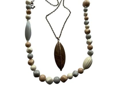 Vintage 1970’s Set Of 2 Boho LEAF Beaded Plastic Boho Long Jewelry Gold Taupe - Thumbnail 7