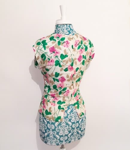 Vintage 1990's Aqua Pink Floral Roses Peplum Top Blouse Rosettes Pinup Romance - Thumbnail 5