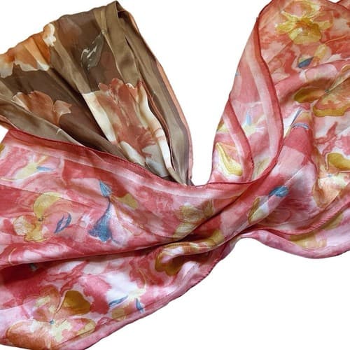 Vintage Set 2 Long Scarf Lot Peach Metallic Gold Coral Brown Spring Floral Fall - Thumbnail 3