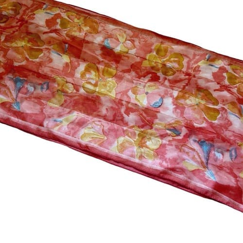 Vintage Set 2 Long Scarf Lot Peach Metallic Gold Coral Brown Spring Floral Fall - Thumbnail 4