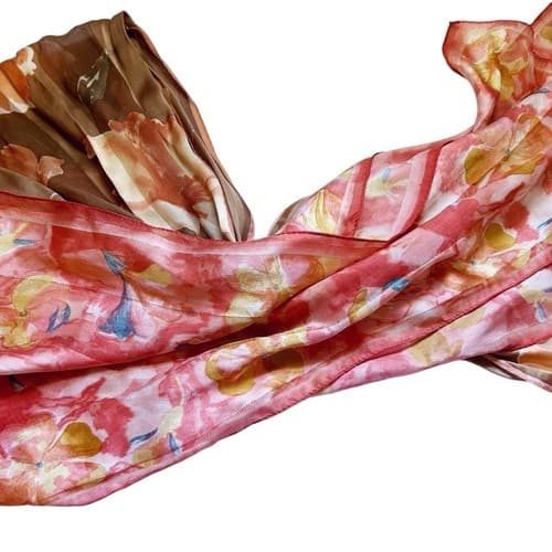 Vintage Set 2 Long Scarf Lot Peach Metallic Gold Coral Brown Spring Floral Fall - Thumbnail 5