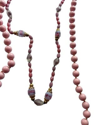 Vtg Set Of Two Pink & Purple Beaded Long Jewelry Gold Glass Romantic Necklace - Thumbnail 8