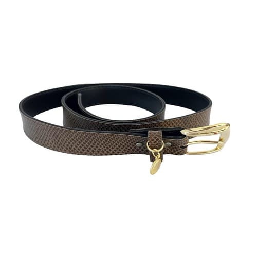 Vintage 1980 Snakeskin Look Belt Brown Gold Skinny Coin Charm Retro Regency Fall - Thumbnail 2