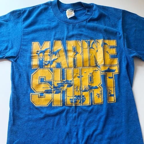 True Vintage Marine T Shirt Blue & Yellow Gun Sniper Boat Print 1980’s Unisex