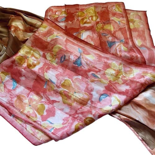 Vintage Set 2 Long Scarf Lot Peach Metallic Gold Coral Brown Spring Floral Fall - Thumbnail 6