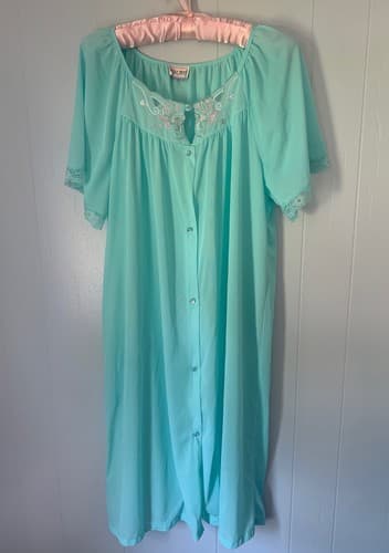 Vintage Aqua Floral Pink Embroidered Robe Lingerie Pajama Housecoat L Grannycore - Thumbnail 6