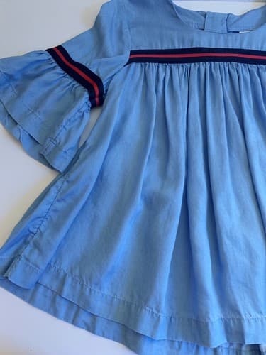 Crown & Ivy Petite Babydoll Top Denim Blue Red Stripe PP Flowy Bell Sleeve Shirt