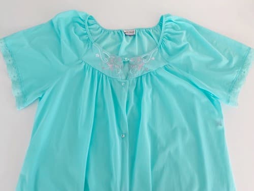 Vintage Aqua Floral Pink Embroidered Robe Lingerie Pajama Housecoat L Grannycore - Thumbnail 2
