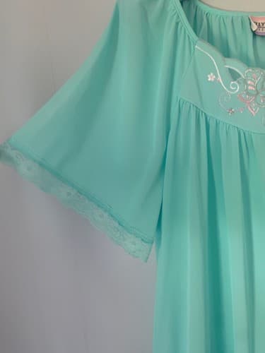 Vintage Aqua Floral Pink Embroidered Robe Lingerie Pajama Housecoat L Grannycore - Thumbnail 5
