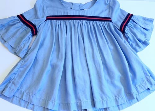 Crown & Ivy Petite Babydoll Top Denim Blue Red Stripe PP Flowy Bell Sleeve Shirt - Thumbnail 2