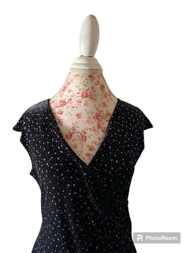 Vintage Soft Black Velvet Blue Sparkle Faux Wrap Front Dress Y2K Glam - Thumbnail 4