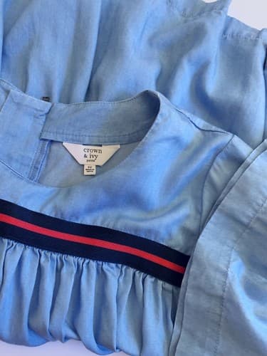 Crown & Ivy Petite Babydoll Top Denim Blue Red Stripe PP Flowy Bell Sleeve Shirt - Thumbnail 3