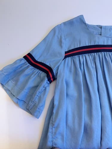 Crown & Ivy Petite Babydoll Top Denim Blue Red Stripe PP Flowy Bell Sleeve Shirt - Thumbnail 5