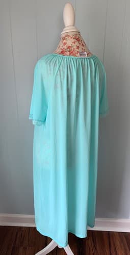 Vintage Aqua Floral Pink Embroidered Robe Lingerie Pajama Housecoat L Grannycore - Thumbnail 3